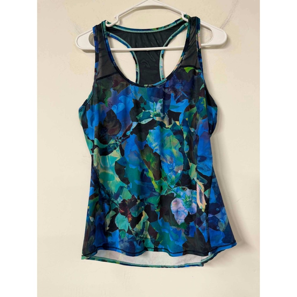 Athleta Womens M Blue Floral Tank Top Racerback Mesh Back Activewear 2155